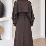 Women's Belted Midi Trench Coat with Draped Cape Detail