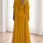 Sequin Embroidered V-Neck Maxi Evening Gown with Sheer Lace Duster Jacket Set