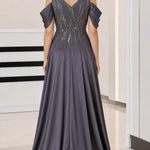 Sequin V-Neck Cold-Shoulder Evening Gown with Draped Satin Train