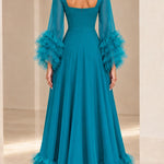 Sweetheart Neckline Tiered Tulle Ruffle Sleeve Evening Gown