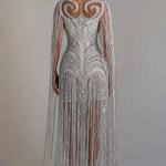 Luminous Beaded Fringe Cape Evening Gown
