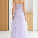 Floral Lace Corset Bodice Tulle Maxi Evening Gown with Slit