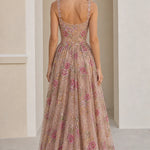 Floral Embroidered Sequin A-Line Evening Maxi Dress with Slit