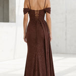 Glitter Mesh Corset Off-Shoulder Evening Dress with Slit