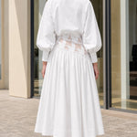 Embroidered Sheer Cutout Midi Shirt Dress with Lantern Sleeves