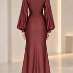 Deep V-Neck Pleated Long Sleeve Twist Front Evening Gown with Slit