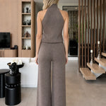 Sleeveless Mock Neck Knit Top and Wide-Leg Pants Two-Piece Set