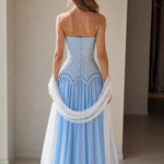 Strapless Beaded Corset Evening Gown with Scalloped Fringe & Chiffon Skirt