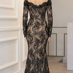 Off-Shoulder Sequin Lace Long Sleeve Mermaid Evening Gown
