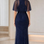 Beaded Flutter Sleeve Evening Gown Elegant Sparkle Maxi Dress