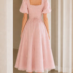 Square Neck Puff Sleeve Embroidered A-Line Midi Dress