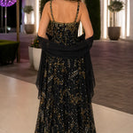 Sequined Botanical Embroidered Sleeveless Evening Gown with High Slit