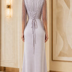 Sequin Beaded Fringe Mock Neck Maxi Evening Gown with Lace-Up Back