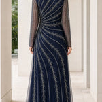 Long Sleeve Beaded Tulle Evening Maxi Gown