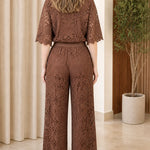 Women's Elegant Lace Button-Down Shirt and Wide-Leg Pants Set