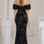 Sequined Off-Shoulder Illusion Mermaid Evening Gown