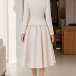 Elegant Pearl Embellished Tweed Blazer and Flared Midi Skirt Set