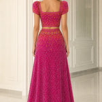 Two-Piece Beaded Evening Gown Set with Puff Sleeves and High Slit Skirt