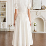 Short Sleeve Pleated V-Neck Midi Dress with Belt