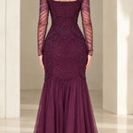 Square Neck Beaded Long Sleeve Mermaid Evening Gown