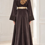 Elegant Embroidered Satin Kaftan Maxi Dress with Ornate Belt