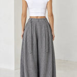 Women's High Waisted Pleated Balloon Pants Plaid Wide Leg Casual Trousers
