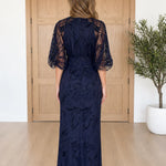 High Neck Embellished Mesh Maxi Dress with Sheer Balloon Sleeves