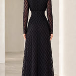 Elegant High Neck Geometric Pattern Long Sleeve Maxi Dress