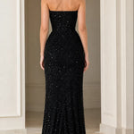 Strapless Beaded Corset Evening Gown with Lace-Trim High Slit