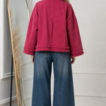 Women's Cropped Frayed Hem Denim Moto Jacket with Lapel Collar