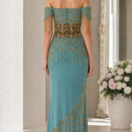 Off-Shoulder Beaded Formal Evening Dress with Fringe Detail