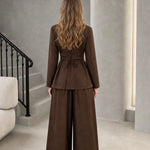 Women's Elegant Wrap Front Button Accent Blazer Top and Wide Leg Pants Two-Piece Set