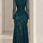 Long Sleeve Mock Neck Ruched Floral Lace Evening Gown