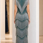Vintage Art Deco Beaded Fringe Evening Gown | High Neck Maxi Formal Dress