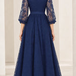 Elegant Floral Lace V-Neck A-Line Maxi Dress with 3/4 Sleeves
