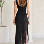 Women's Sleeveless Fringe Slit Maxi Dress