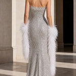 Strapless Embellished Sequin Maxi Evening Gown with Thigh Slit