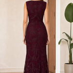 Sleeveless Floral Lace Mermaid Maxi Dress with Boat Neckline