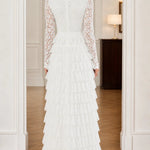 Elegant Lace Mock Neck Tiered Ruffle Maxi Dress