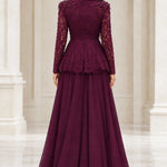 Elegant Lace Peplum Long Sleeve Formal Evening Gown