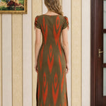 Beaded V-Neck Ikat Print Midi Dress with Ruched Sleeves