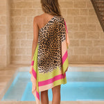 One-Shoulder Leopard Print Colorblock Kaftan Dress