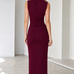 Sleeveless Mock Neck Ruched Glitter Maxi Dress