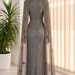 Strapless Beaded Column Evening Gown with Dramatic Sheer Cape