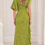 Embellished High-Neck Jacquard Maxi Dress with Flutter Sleeves and Cascade Ruffle