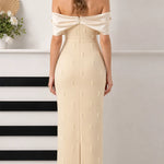 Elegant Pearl-Embellished Off-the-Shoulder Column Maxi Dress