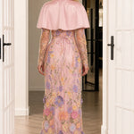 Floral Appliqué Capelet Sheer Sleeve Formal Evening Gown