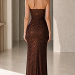 Halter Neck Beaded Shimmer Maxi Evening Gown with Ruched Waist