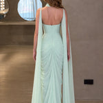 Floral Applique Sweetheart Evening Gown with Draped Cape Scarf