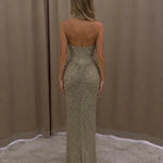 Sparkling Halter Neck Ruched Front Slit Maxi Evening Gown